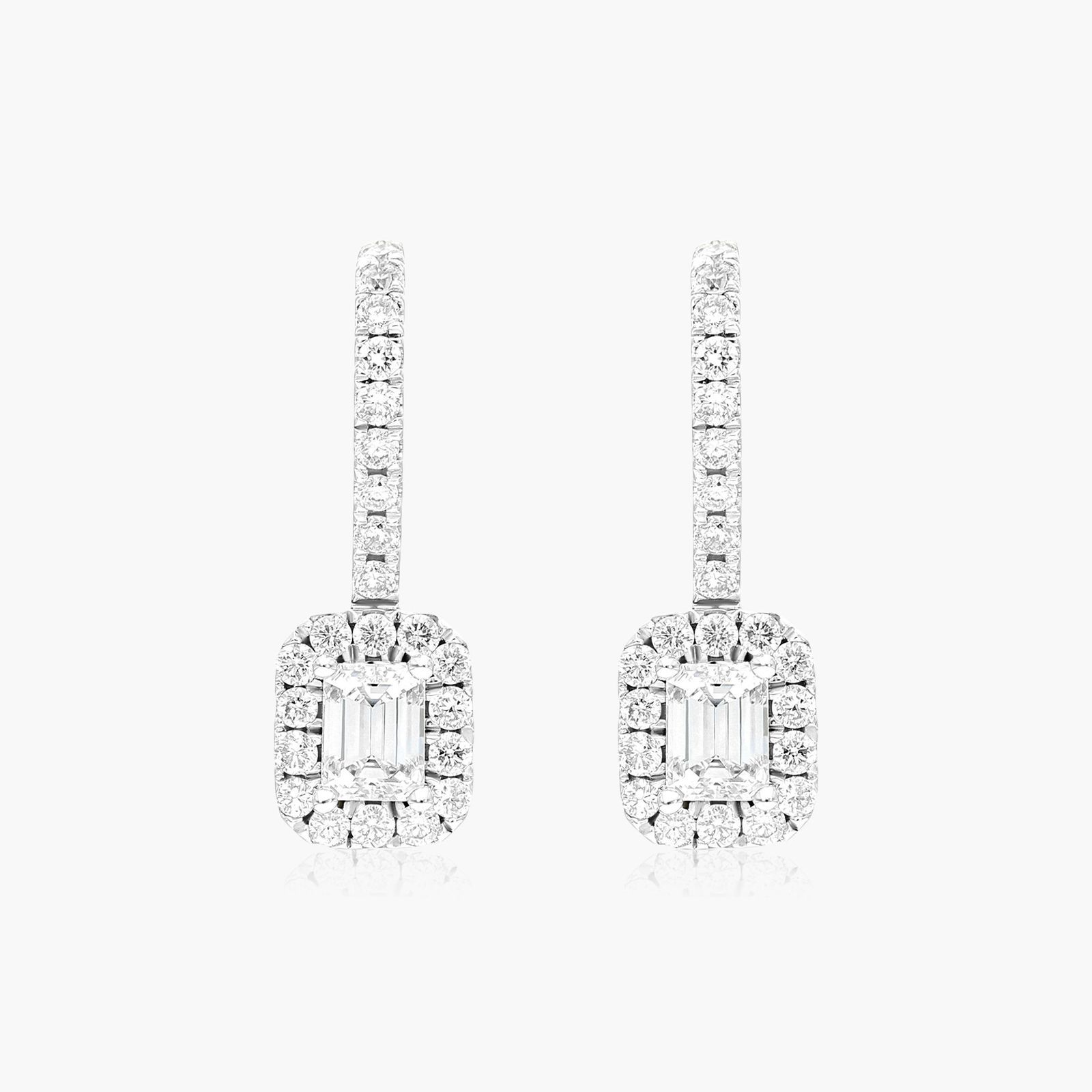 Diamond Halo Leverback Earrings With Emerald Cut Diamonds In 18K White Gold