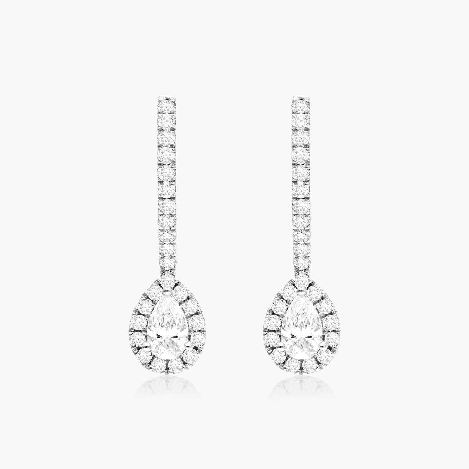 Diamond Halo Leverback Earrings With Pear Shape Diamonds In 18K White Gold