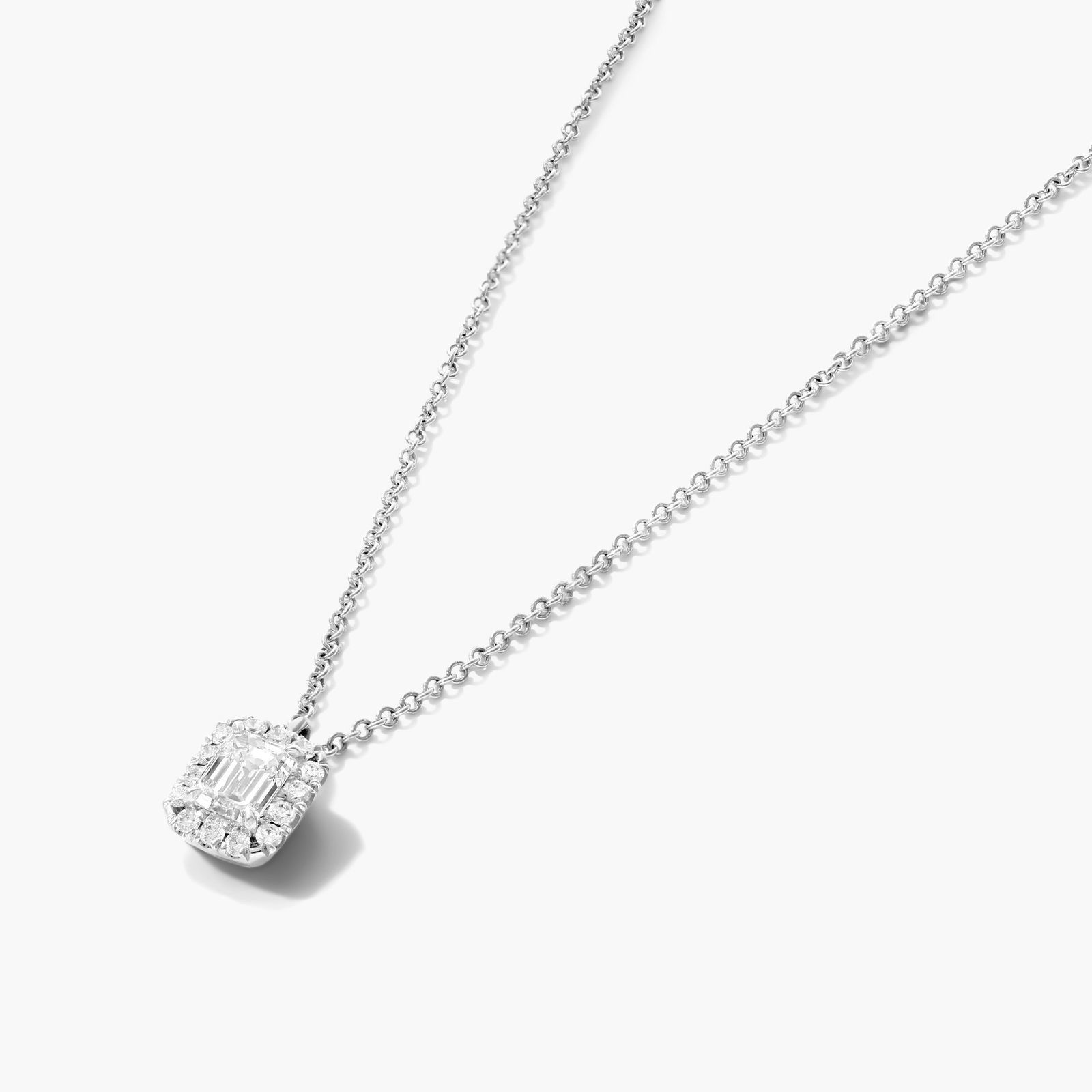 Halo Emerald Cut Diamond Necklace In 18K White Gold
