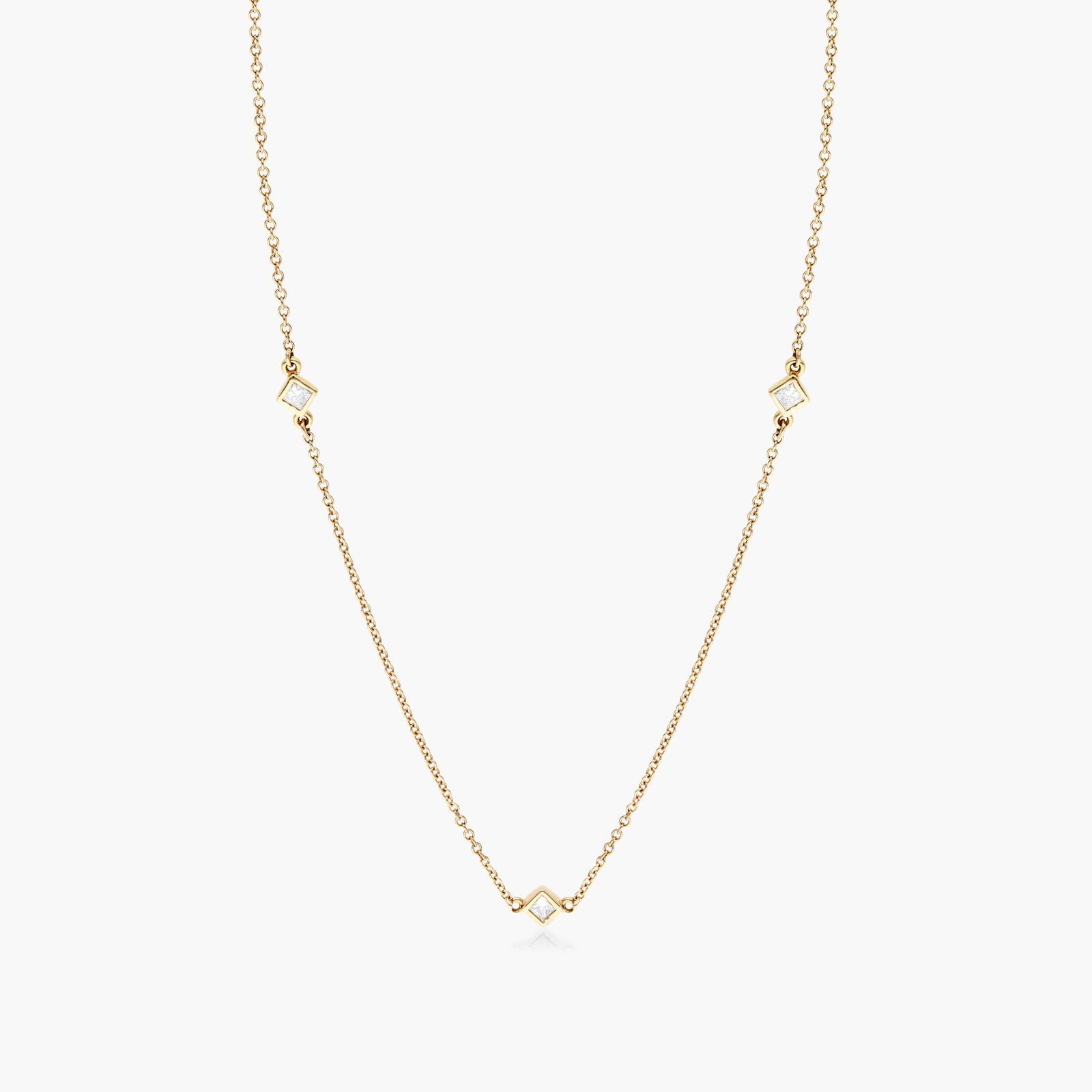 Diamond Station Necklace With Princess Cut Diamonds In 14K Yellow Gold