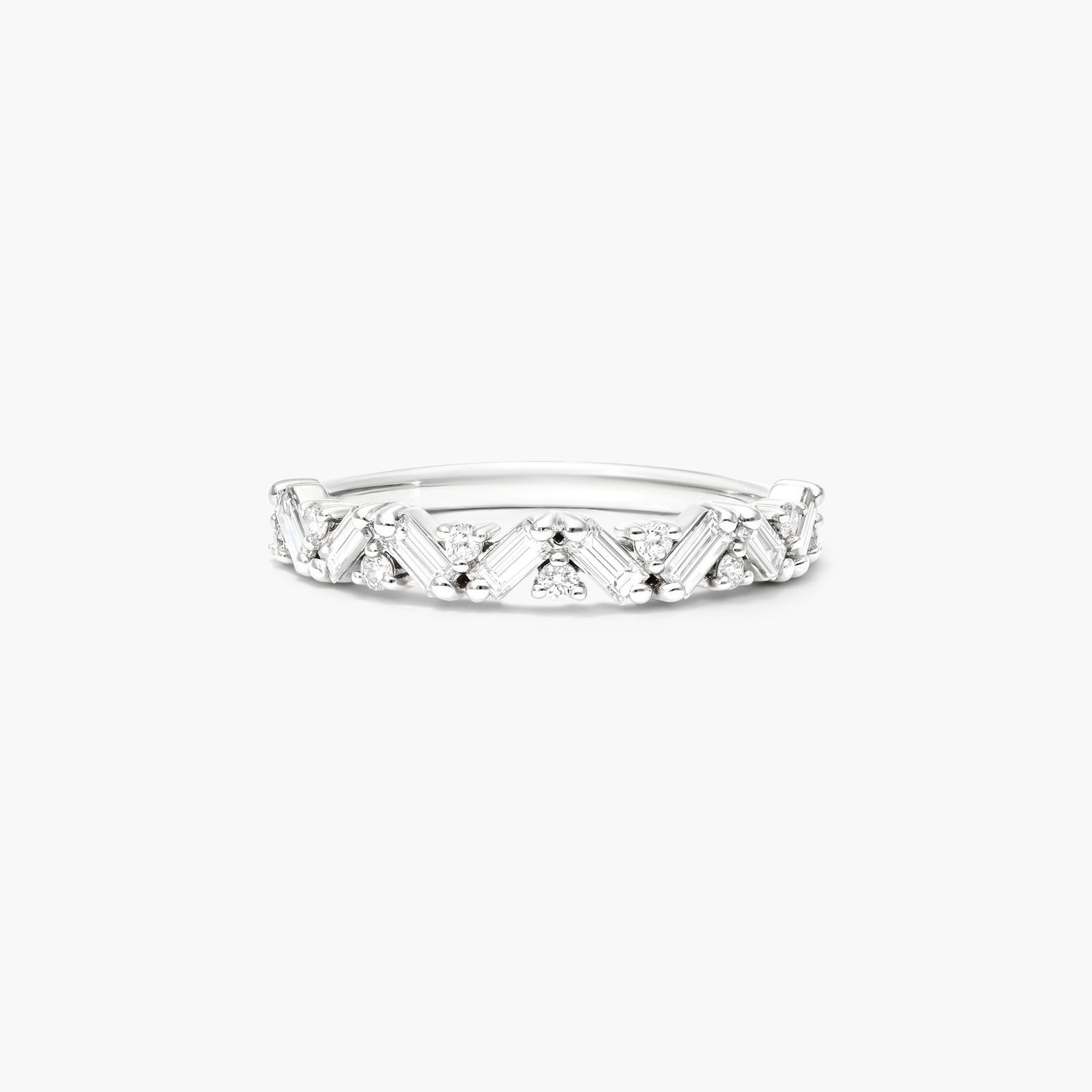 Zig Zag Baguette And Round Diamond Ring In 14K White Gold