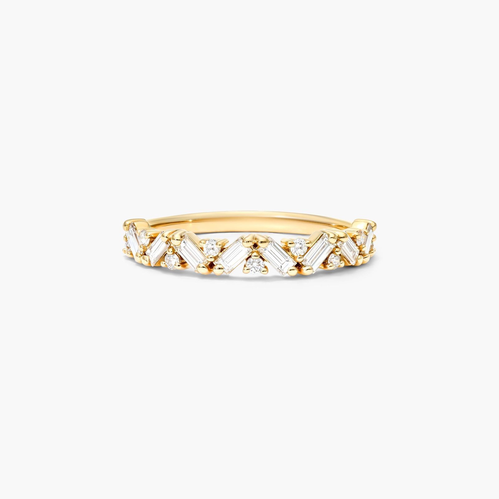 Zig Zag Baguette And Round Diamond Ring In 14K Yellow Gold