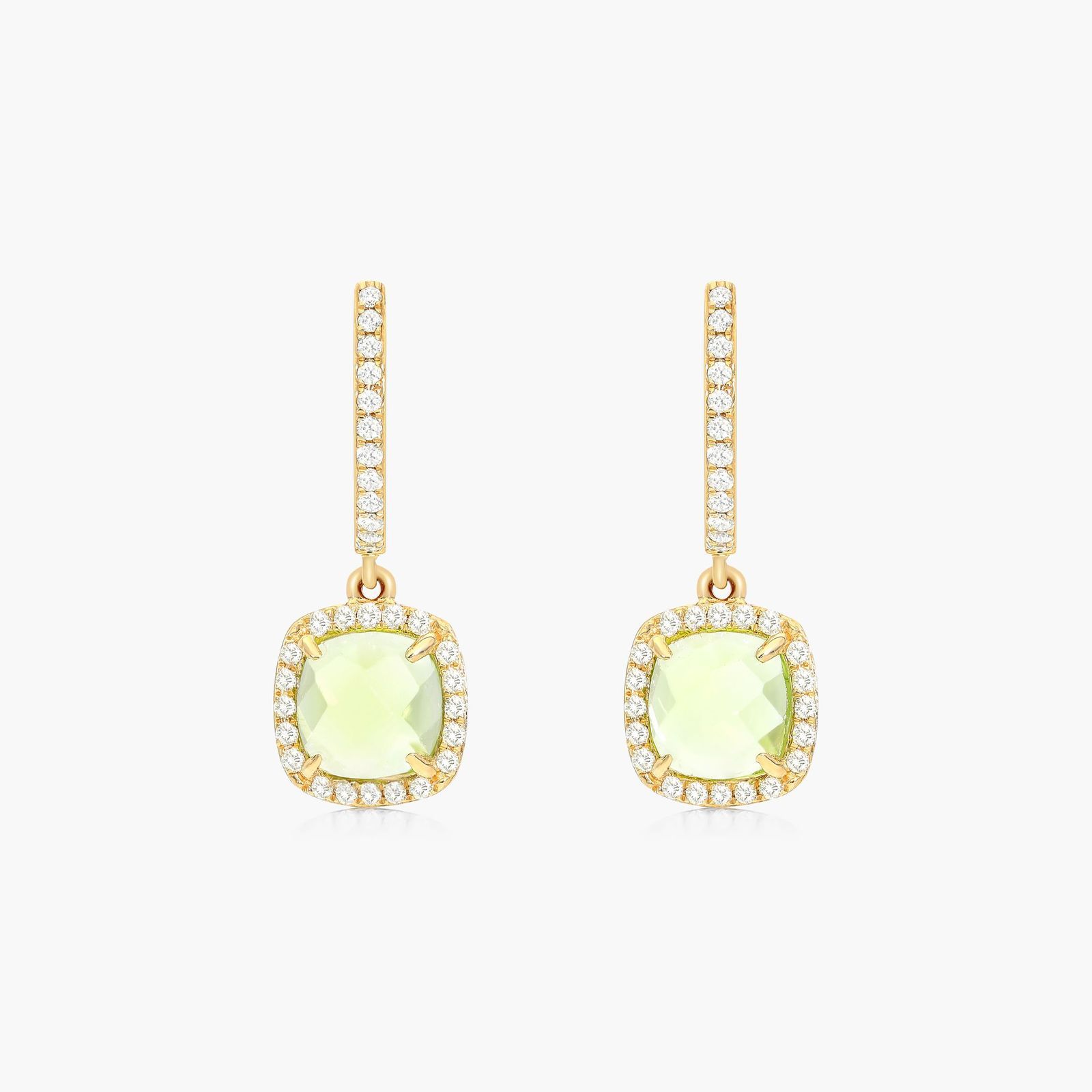 Cushion Cut Peridot And Diamond Halo Drop Earrings In 14K Yellow Gold
