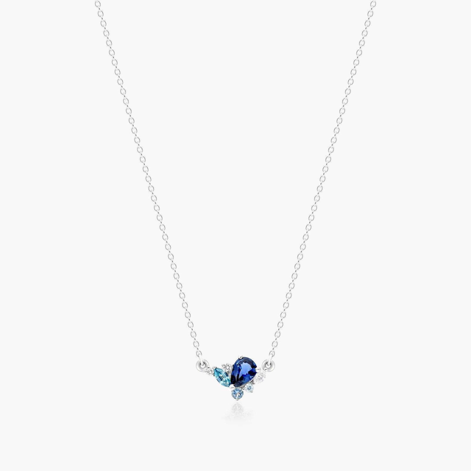 14K White Gold Sapphire, Blue Zircon and Diamond Cluster Necklace