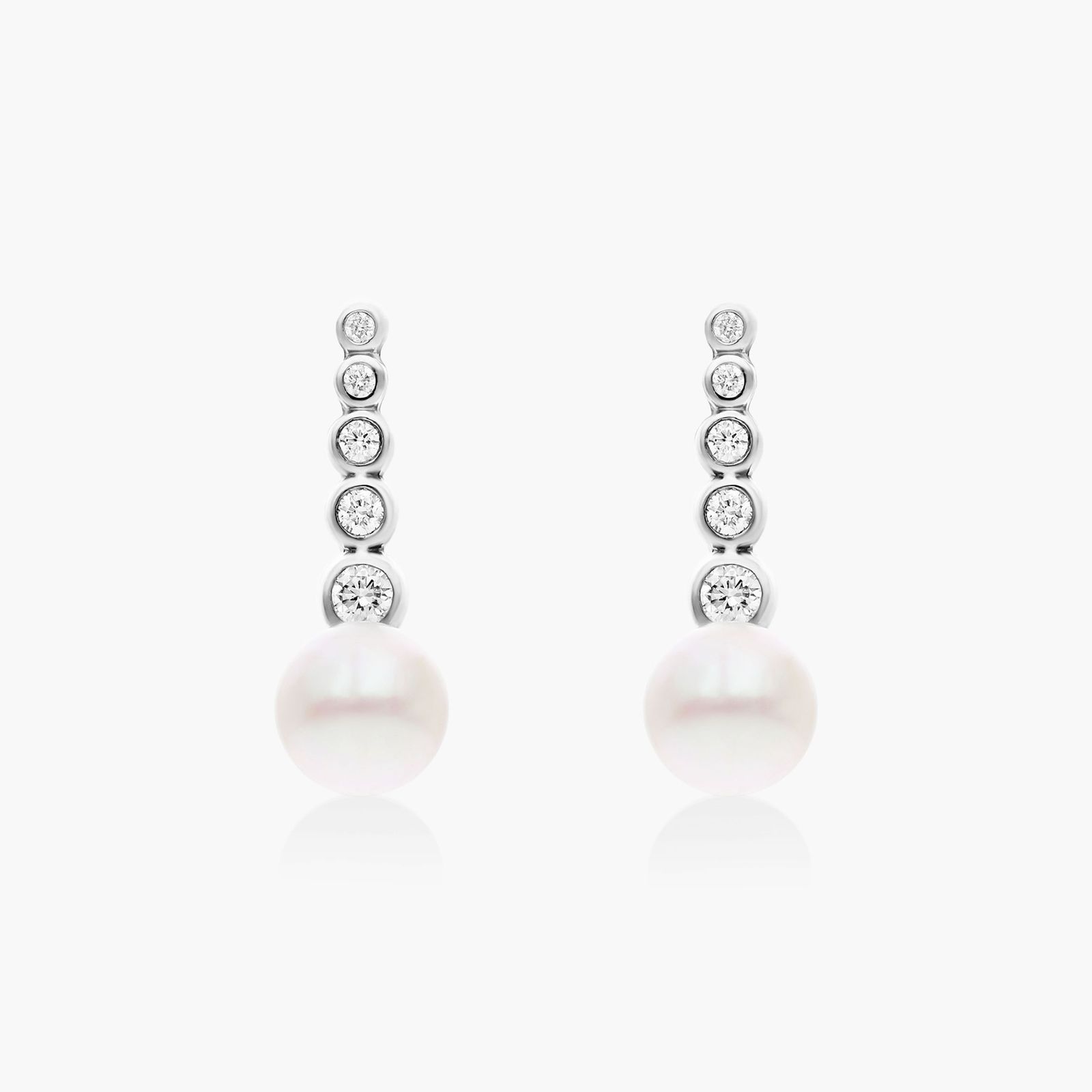 14K White Gold Cultured Freshwater Pearl and Diamond Row Drop Earrings