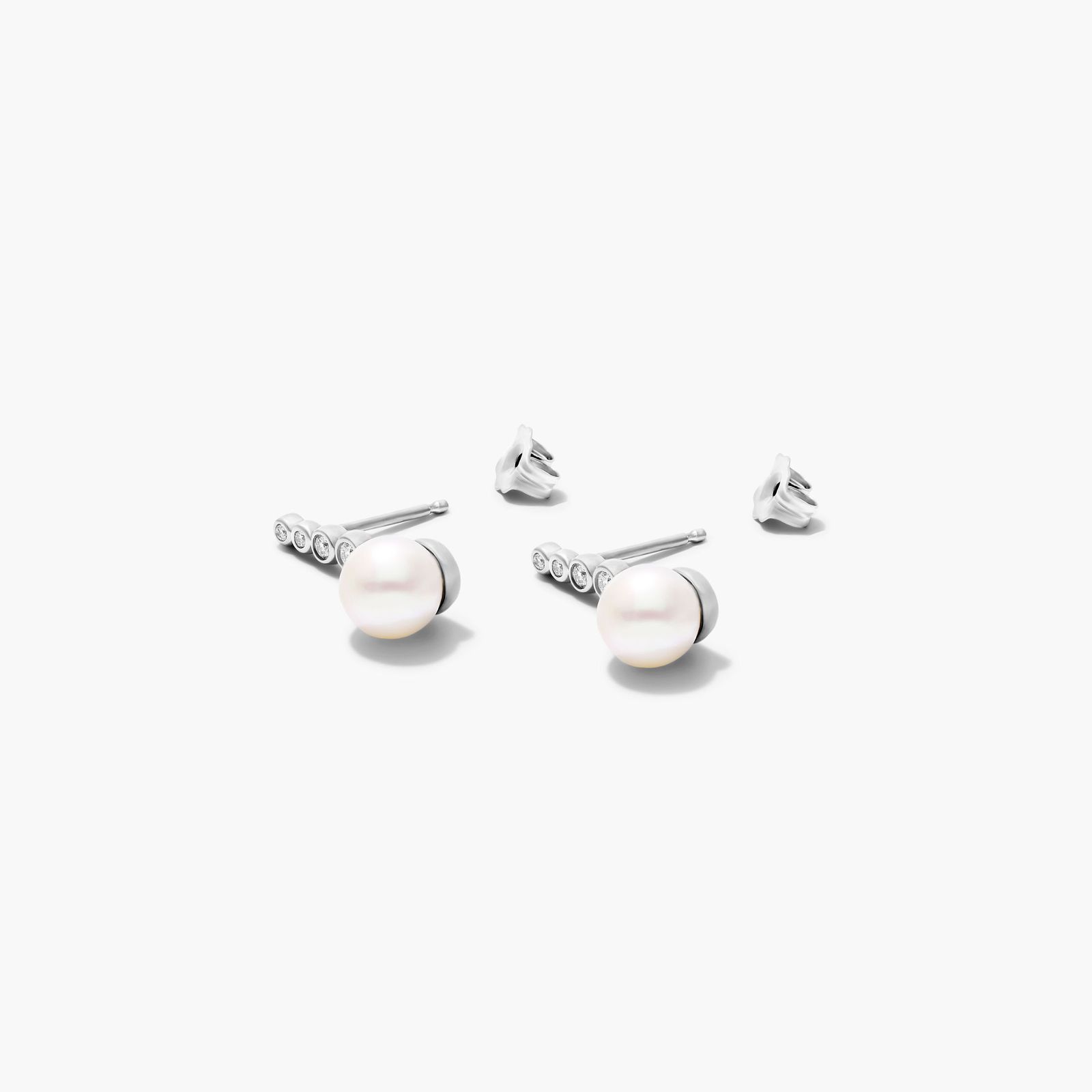 14K White Gold Cultured Freshwater Pearl and Diamond Row Drop Earrings