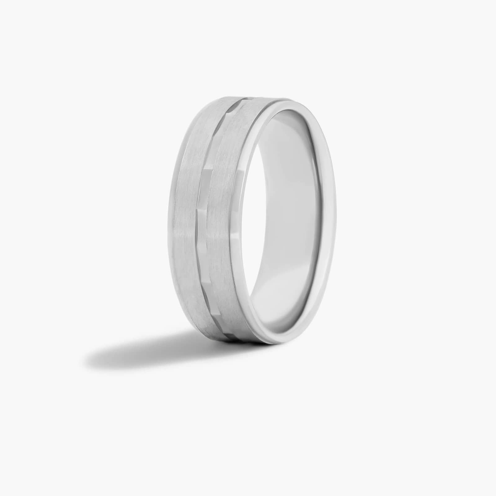 Faceted Center Groove Satin Finish Men's Wedding Band In 14K White Gold (7.00mm)