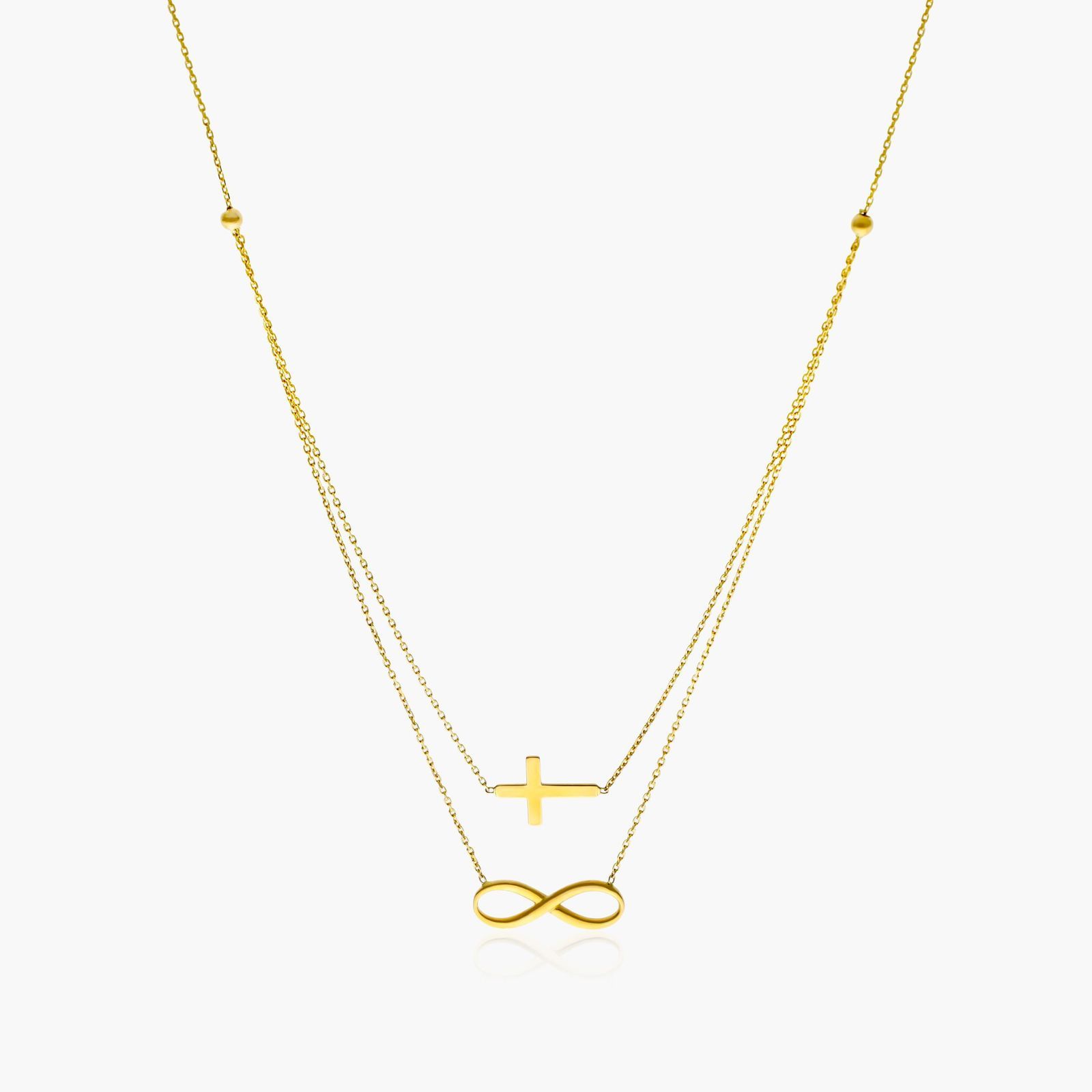 14K Yellow Gold Duo Cross and Infinity Necklace