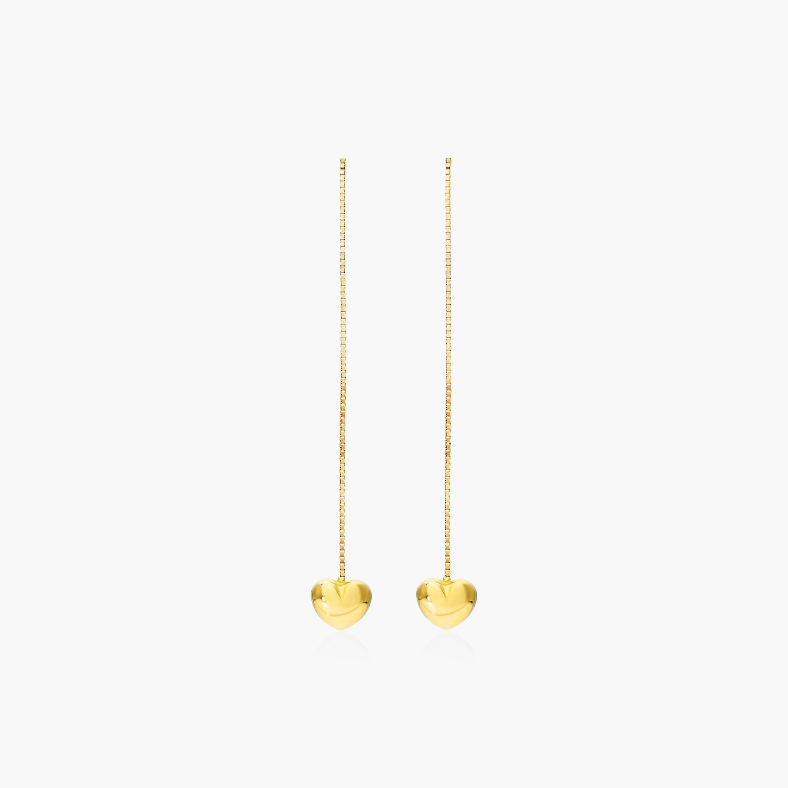 Puffed Heart Threader Earrings In 14K Yellow Gold