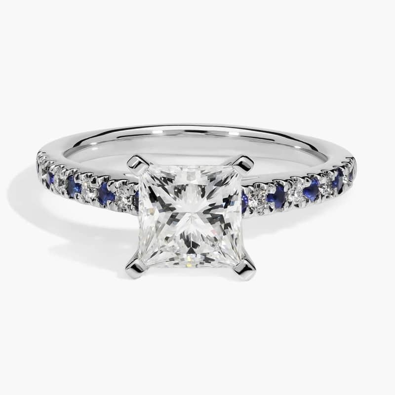 1 1/2 CT. GIA Certified Princess Lab Created Diamond Riviera Micropavé Sapphire and Diamond Engagement Ring in 14k White Gold